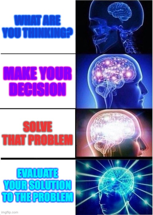 Expanding Brain Meme | WHAT ARE YOU THINKING? MAKE YOUR DECISION; SOLVE THAT PROBLEM; EVALUATE YOUR SOLUTION TO THE PROBLEM | image tagged in memes,expanding brain | made w/ Imgflip meme maker