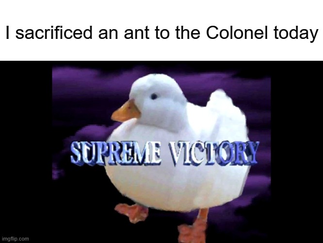 I sacrificed an ant to the Colonel today | image tagged in blank white template,supreme victory duck | made w/ Imgflip meme maker