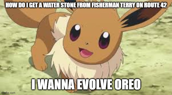 i already have his number and i need help any tips? | HOW DO I GET A WATER STONE FROM FISHERMAN TERRY ON ROUTE 42; I WANNA EVOLVE OREO | image tagged in eevee | made w/ Imgflip meme maker