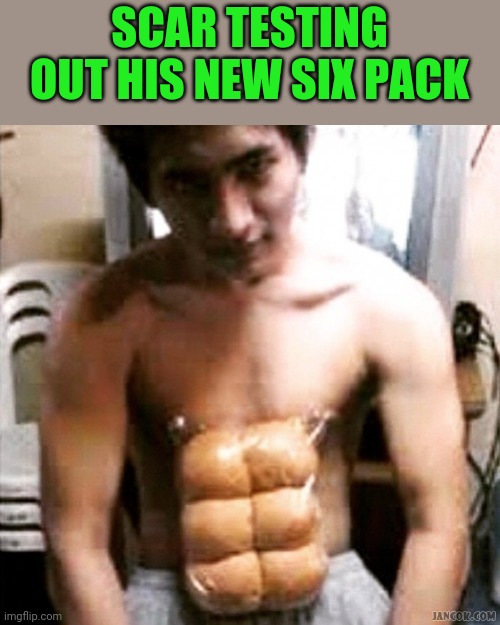 six pack | SCAR TESTING OUT HIS NEW SIX PACK | image tagged in six pack | made w/ Imgflip meme maker