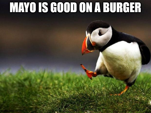 time to start a controversy in the comments | MAYO IS GOOD ON A BURGER | image tagged in memes,unpopular opinion puffin,burger,mayo | made w/ Imgflip meme maker