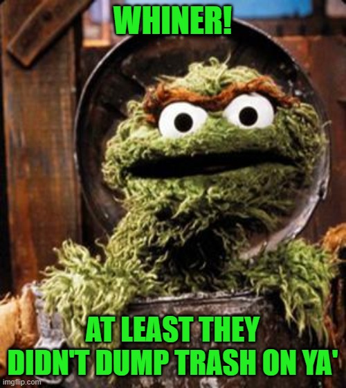 Oscar the Grouch | WHINER! AT LEAST THEY DIDN'T DUMP TRASH ON YA' | image tagged in oscar the grouch | made w/ Imgflip meme maker