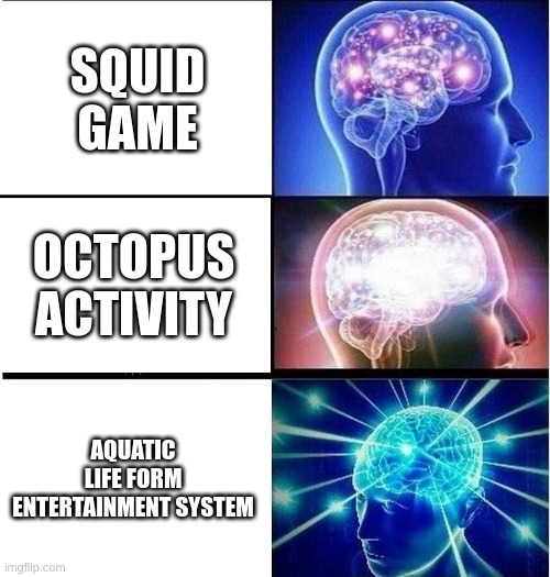 i like octopus activities | SQUID GAME; OCTOPUS ACTIVITY; AQUATIC LIFE FORM ENTERTAINMENT SYSTEM | image tagged in expanding brain 3 panels | made w/ Imgflip meme maker