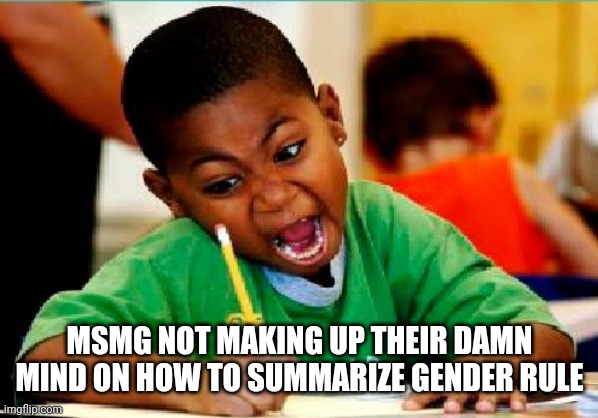 Funny Kid Testing | MSMG NOT MAKING UP THEIR DAMN MIND ON HOW TO SUMMARIZE GENDER RULE | image tagged in funny kid testing | made w/ Imgflip meme maker