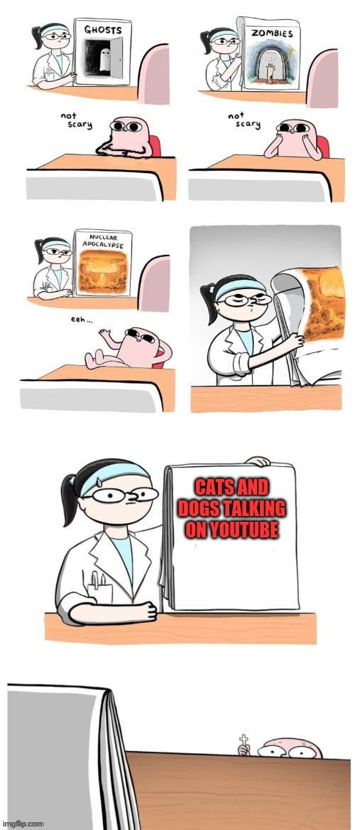 Not Scary | CATS AND DOGS TALKING ON YOUTUBE | image tagged in not scary | made w/ Imgflip meme maker