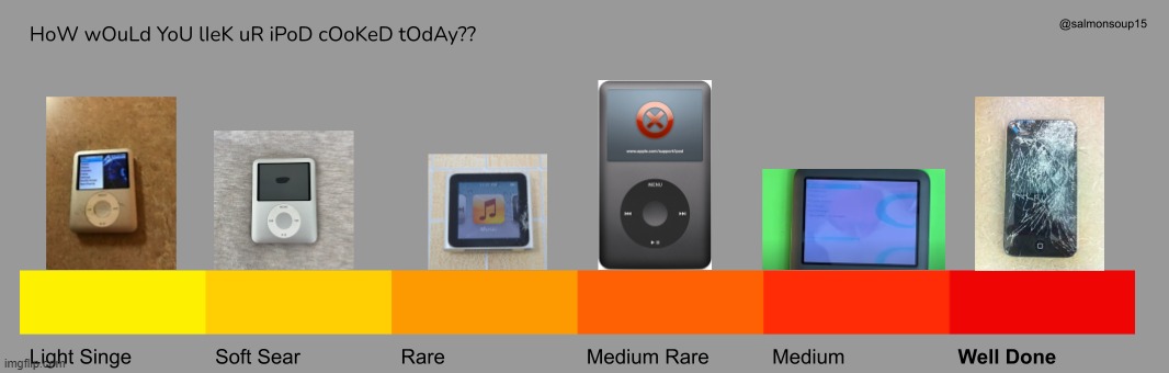 How cooked would you like your iPod today? | image tagged in ipod,technology,tech,dankpods,funny | made w/ Imgflip meme maker