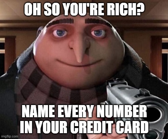 i am probably not trying to get inside your credit card | OH SO YOU'RE RICH? NAME EVERY NUMBER IN YOUR CREDIT CARD | image tagged in gru gun | made w/ Imgflip meme maker