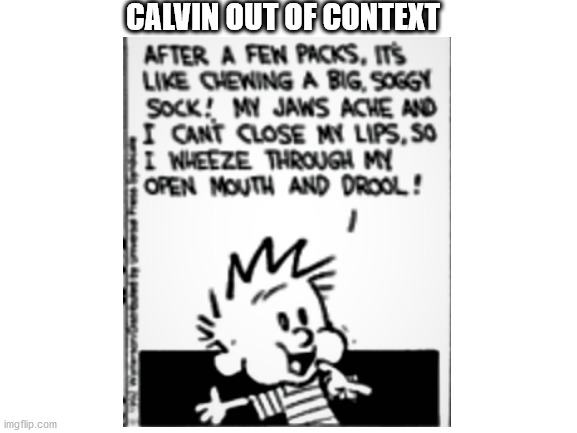 Calvin out of context |  CALVIN OUT OF CONTEXT | image tagged in depends on the context,calvin and hobbes,weird,gum,chewing | made w/ Imgflip meme maker