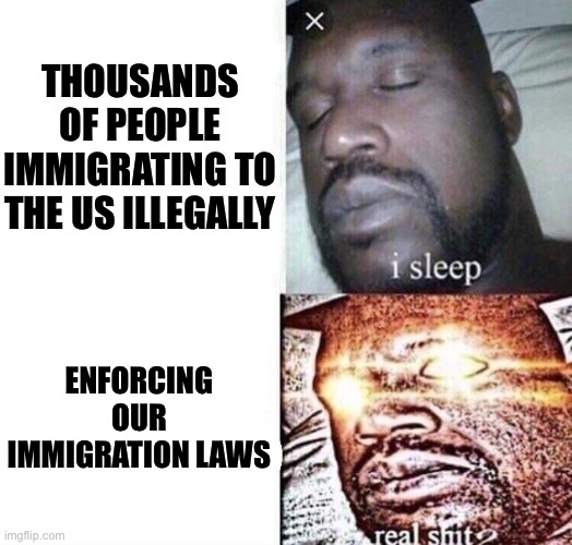 i sleep real shit | THOUSANDS OF PEOPLE IMMIGRATING TO THE US ILLEGALLY ENFORCING OUR IMMIGRATION LAWS | image tagged in i sleep real shit | made w/ Imgflip meme maker