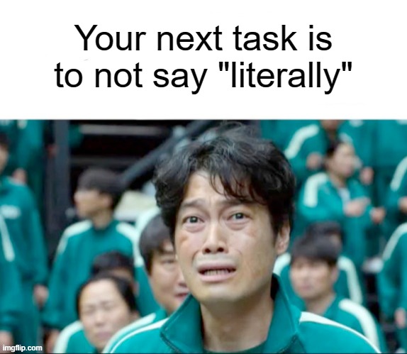 Your next task is to not say "literally" | image tagged in your next task is to- | made w/ Imgflip meme maker