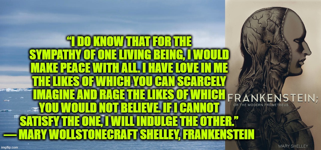 “I DO KNOW THAT FOR THE SYMPATHY OF ONE LIVING BEING, I WOULD MAKE PEACE WITH ALL. I HAVE LOVE IN ME THE LIKES OF WHICH YOU CAN SCARCELY IMAGINE AND RAGE THE LIKES OF WHICH YOU WOULD NOT BELIEVE. IF I CANNOT SATISFY THE ONE, I WILL INDULGE THE OTHER.”
― MARY WOLLSTONECRAFT SHELLEY, FRANKENSTEIN | image tagged in frankenstein,literature,gothic,science fiction | made w/ Imgflip meme maker