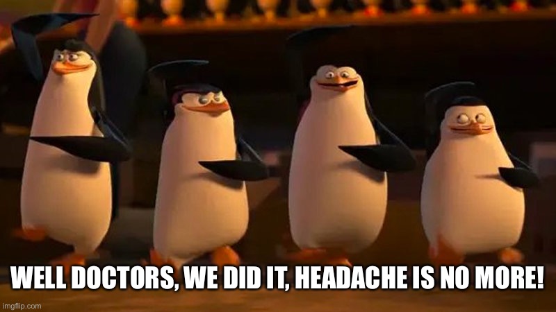 penguins of madagascar | WELL DOCTORS, WE DID IT, HEADACHE IS NO MORE! | image tagged in penguins of madagascar | made w/ Imgflip meme maker