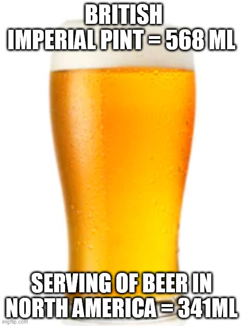 Pint of beer | BRITISH IMPERIAL PINT = 568 ML; SERVING OF BEER IN NORTH AMERICA = 341ML | image tagged in pint of beer,memes | made w/ Imgflip meme maker