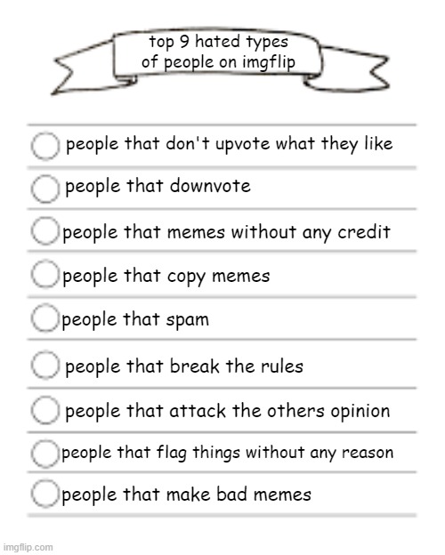 list | top 9 hated types of people on imgflip; people that don't upvote what they like; people that downvote; people that memes without any credit; people that copy memes; people that spam; people that break the rules; people that attack the others opinion; people that flag things without any reason; people that make bad memes | image tagged in list | made w/ Imgflip meme maker