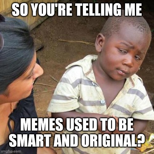 Memes used to be so much more than what they are now... | SO YOU'RE TELLING ME; MEMES USED TO BE SMART AND ORIGINAL? | image tagged in memes,third world skeptical kid | made w/ Imgflip meme maker
