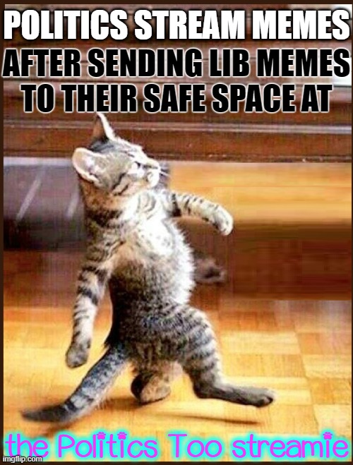 There's a Political Safe Space on Imgflip: Welcome to Politics too | POLITICS STREAM MEMES; AFTER SENDING LIB MEMES
TO THEIR SAFE SPACE AT; the Politics Too streamie | image tagged in vince vance,strutting cat,memes,imgflip community,politics stream,safe space | made w/ Imgflip meme maker