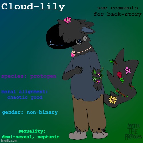 Cloud-lily the protogen | Cloud-lily; see comments for back-story; species: protogen; moral alignment: chaotic good; gender: non-binary; sexuality: demi-sexual, neptunic | image tagged in furry,drawings,art | made w/ Imgflip meme maker