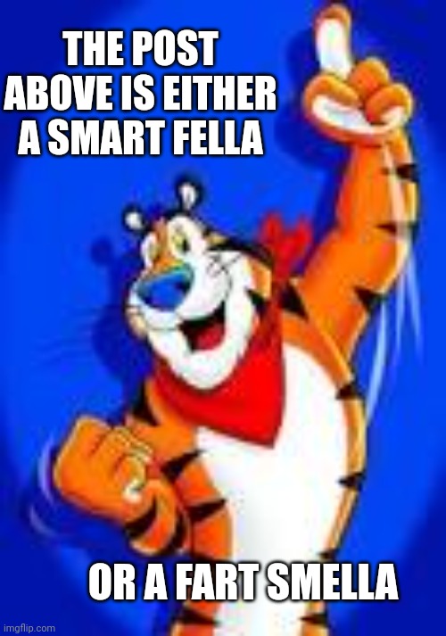 Tony the Tiger  | THE POST ABOVE IS EITHER A SMART FELLA; OR A FART SMELLA | image tagged in tony the tiger,memes | made w/ Imgflip meme maker