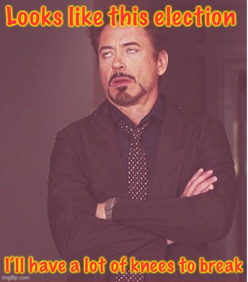 The question is, which one shall I start with? (I won’t actually, lmao) | Looks like this election; I’ll have a lot of knees to break | image tagged in memes,face you make robert downey jr | made w/ Imgflip meme maker