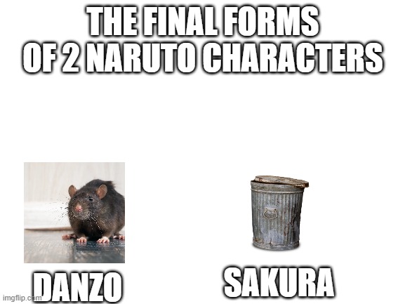 another naruto meme |  THE FINAL FORMS OF 2 NARUTO CHARACTERS; SAKURA; DANZO | image tagged in blank white template,trash can,rats,sakura,danzo,naruto | made w/ Imgflip meme maker