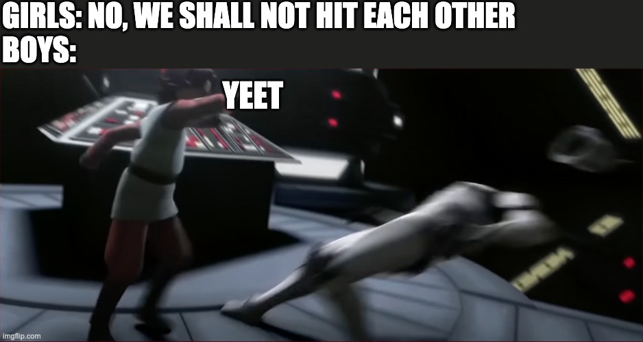 GIRLS: NO, WE SHALL NOT HIT EACH OTHER
BOYS:; YEET | image tagged in boys vs girls,yeet,memes,clone wars | made w/ Imgflip meme maker