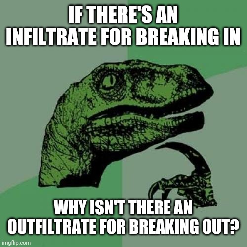 Hmmm | IF THERE'S AN INFILTRATE FOR BREAKING IN; WHY ISN'T THERE AN OUTFILTRATE FOR BREAKING OUT? | image tagged in memes,philosoraptor | made w/ Imgflip meme maker