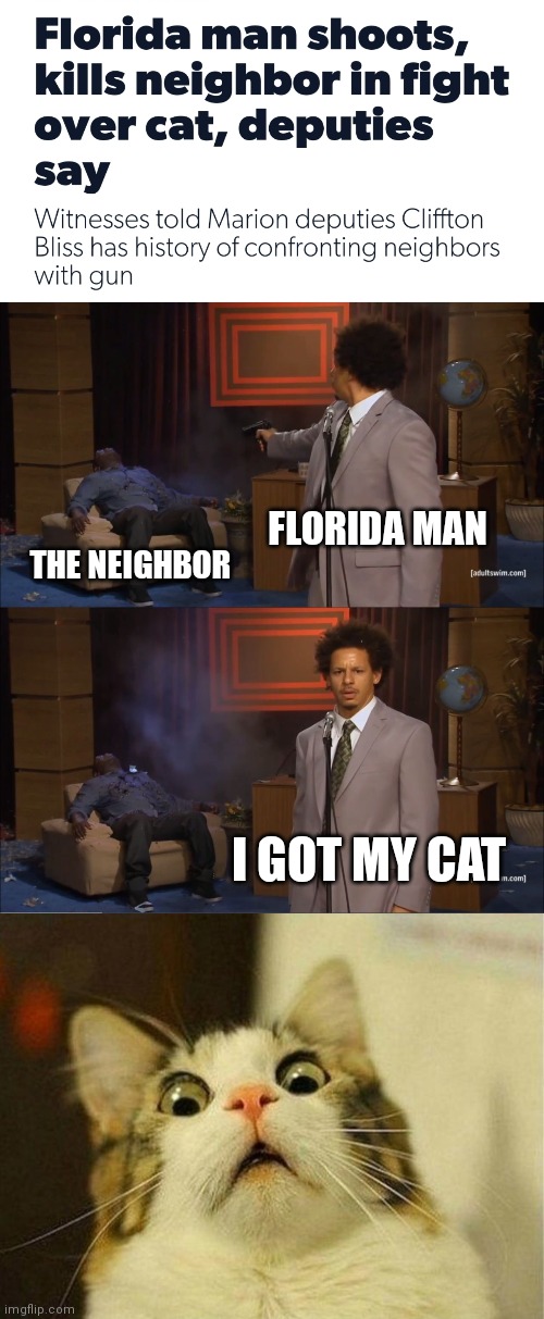 For a cat? | FLORIDA MAN; THE NEIGHBOR; I GOT MY CAT | image tagged in memes,who killed hannibal,scared cat | made w/ Imgflip meme maker