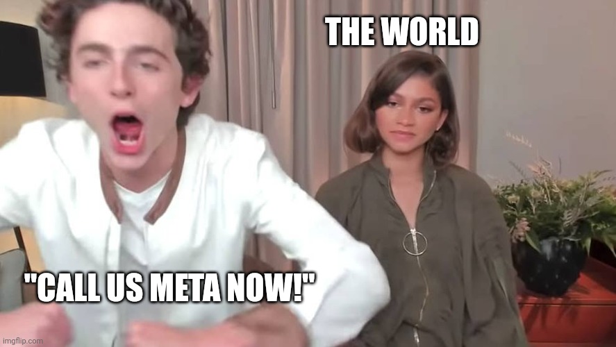 Zuckerberg v The World | THE WORLD; "CALL US META NOW!" | image tagged in chalamet zendaya | made w/ Imgflip meme maker