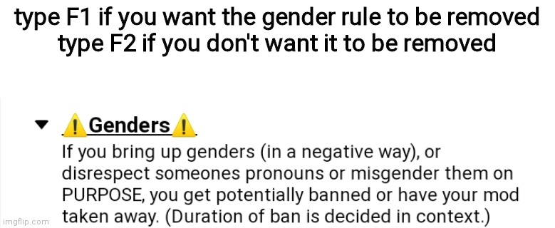 Yes owners of msmg, i am making a vote to remove this rule. | type F1 if you want the gender rule to be removed
type F2 if you don't want it to be removed | made w/ Imgflip meme maker