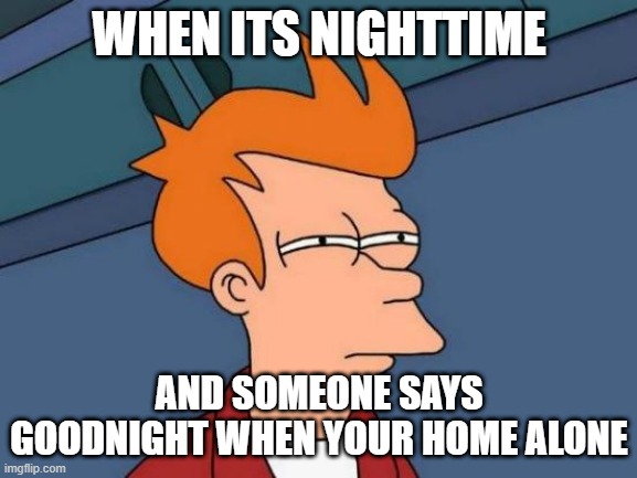 Your home alone | WHEN ITS NIGHTTIME; AND SOMEONE SAYS GOODNIGHT WHEN YOUR HOME ALONE | image tagged in memes,futurama fry | made w/ Imgflip meme maker
