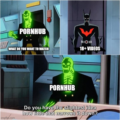 Do You Have the Slightest Idea How Little That Narrows It Down? | PORNHUB; 18+ VIDEOS; WHAT DO YOU WANT TO WATCH; PORNHUB | image tagged in do you have the slightest idea how little that narrows it down,weird,batman,nsfw,pornhub,memes | made w/ Imgflip meme maker