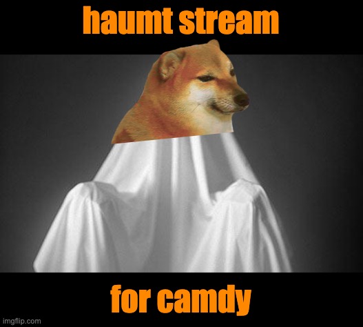 Gib! | haumt stream; for camdy | image tagged in ghost,cheems,costume,halloween,candy | made w/ Imgflip meme maker