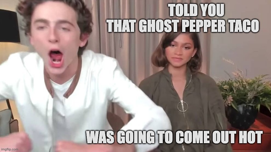 Chalamet Zendaya | TOLD YOU THAT GHOST PEPPER TACO; WAS GOING TO COME OUT HOT | image tagged in chalamet zendaya | made w/ Imgflip meme maker