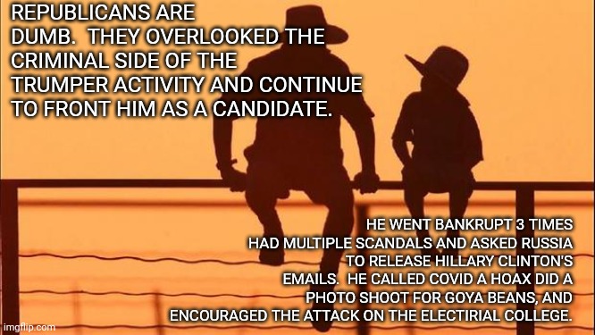 Cowboy father and son | REPUBLICANS ARE DUMB.  THEY OVERLOOKED THE CRIMINAL SIDE OF THE TRUMPER ACTIVITY AND CONTINUE TO FRONT HIM AS A CANDIDATE. HE WENT BANKRUPT  | image tagged in cowboy father and son | made w/ Imgflip meme maker