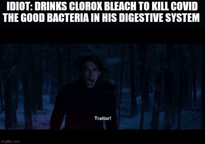 We gave you life and now you're taking us down with you | IDIOT: DRINKS CLOROX BLEACH TO KILL COVID
THE GOOD BACTERIA IN HIS DIGESTIVE SYSTEM | image tagged in kylo ren traitor,kylo ren,star wars,memes,clorox,covid-19 | made w/ Imgflip meme maker
