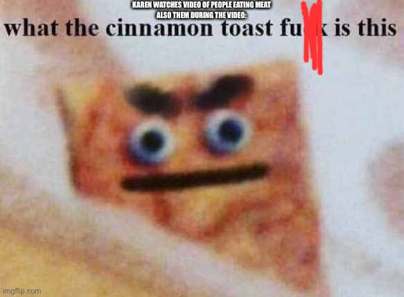 what the cinnamon toast f^%$ is this | KAREN WATCHES VIDEO OF PEOPLE EATING MEAT
ALSO THEM DURING THE VIDEO: | image tagged in what the cinnamon toast f is this | made w/ Imgflip meme maker