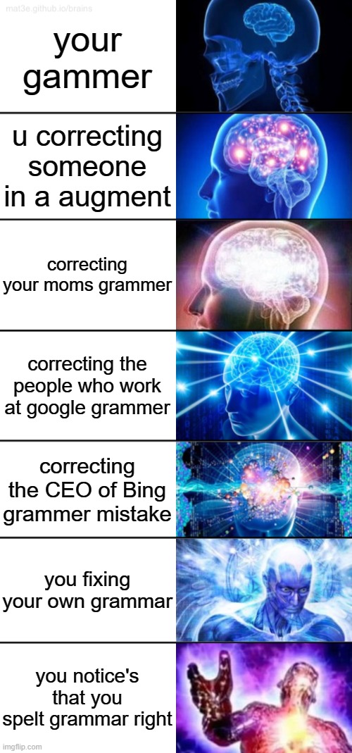 the way you feel when you correct someone's grammar | your gammer; u correcting someone in a augment; correcting your moms grammer; correcting the people who work at google grammer; correcting the CEO of Bing grammer mistake; you fixing your own grammar; you notice's that you spelt grammar right | image tagged in 7-tier expanding brain,memes,top obama tier,wow this is garbage you actually like this | made w/ Imgflip meme maker