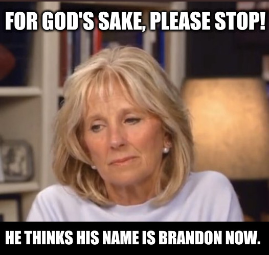 My name is Brandon | FOR GOD'S SAKE, PLEASE STOP! HE THINKS HIS NAME IS BRANDON NOW. | image tagged in jill biden meme | made w/ Imgflip meme maker