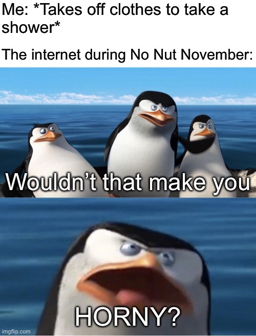 Wouldn't that make you | Me: *Takes off clothes to take a
shower*; The internet during No Nut November:; Wouldn’t that make you; HORNY? | image tagged in wouldn't that make you | made w/ Imgflip meme maker