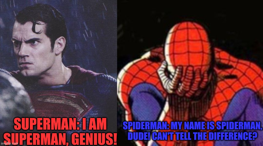 SPIDERMAN: MY NAME IS SPIDERMAN, DUDE! CAN'T TELL THE DIFFERENCE? SUPERMAN: I AM SUPERMAN, GENIUS! | image tagged in angry superman,memes,sad spiderman | made w/ Imgflip meme maker