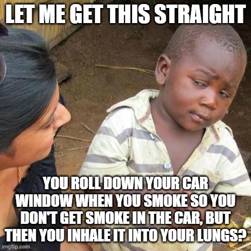 i think your priorities are a little off | LET ME GET THIS STRAIGHT; YOU ROLL DOWN YOUR CAR WINDOW WHEN YOU SMOKE SO YOU DON'T GET SMOKE IN THE CAR, BUT THEN YOU INHALE IT INTO YOUR LUNGS? | image tagged in memes,third world skeptical kid,smoking,cigarettes,cars | made w/ Imgflip meme maker