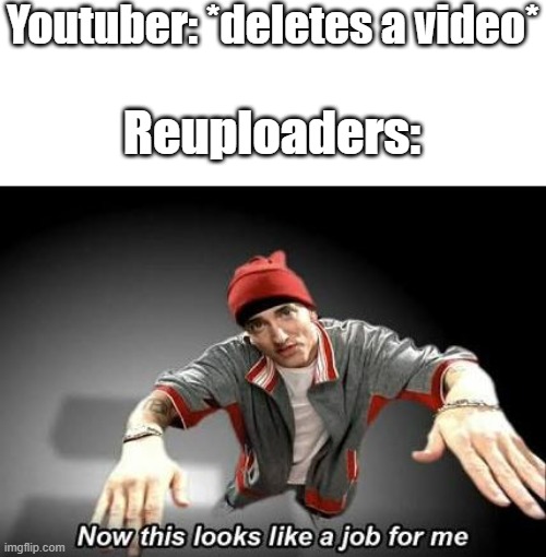 yt in a nutshell | Youtuber: *deletes a video*; Reuploaders: | image tagged in now this looks like a job for me | made w/ Imgflip meme maker
