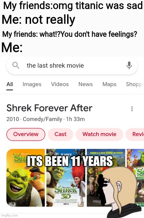 11 years of no shrek movie | My friends:omg titanic was sad; Me: not really; Me:; My friends: what!?You don't have feelings? ITS BEEN 11 YEARS | image tagged in shrek,memes,sad | made w/ Imgflip meme maker