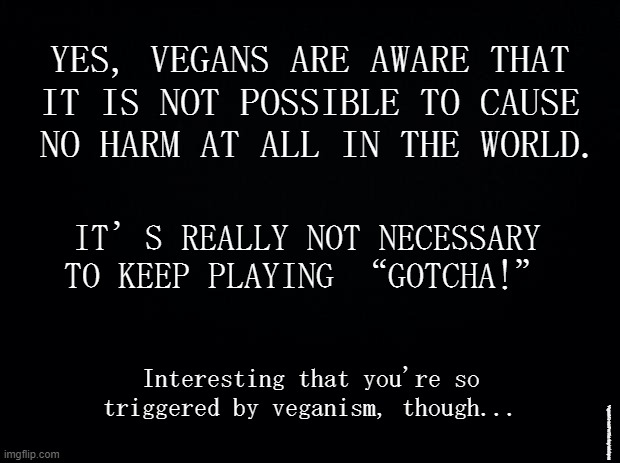 We know! |  YES, VEGANS ARE AWARE THAT
IT IS NOT POSSIBLE TO CAUSE
 NO HARM AT ALL IN THE WORLD. IT’S REALLY NOT NECESSARY TO KEEP PLAYING “GOTCHA!”; Interesting that you're so triggered by veganism, though... VeganMemesForSharing/minkpen | image tagged in vegan,veganism,perfect,distraction | made w/ Imgflip meme maker