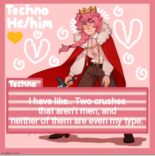 Technoblade | I have like.. Two crushes that aren't men, and neither of them are even my type. | image tagged in technoblade | made w/ Imgflip meme maker