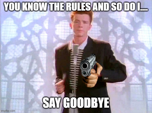 rickrolling | YOU KNOW THE RULES AND SO DO I.... SAY GOODBYE | image tagged in rickrolling | made w/ Imgflip meme maker