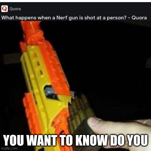 I know what happens |  YOU WANT TO KNOW DO YOU | image tagged in nerf gun with real bullets,nerf gun | made w/ Imgflip meme maker