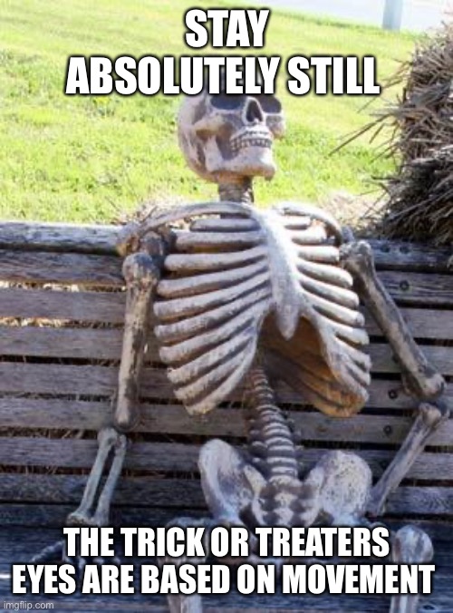 Trick or Treat | STAY ABSOLUTELY STILL; THE TRICK OR TREATERS EYES ARE BASED ON MOVEMENT | image tagged in memes,waiting skeleton | made w/ Imgflip meme maker