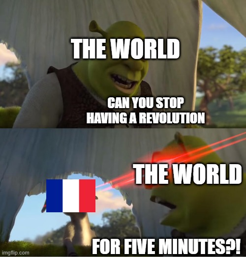 Basically france in a nutshell lol. | THE WORLD; CAN YOU STOP HAVING A REVOLUTION; THE WORLD; FOR FIVE MINUTES?! | image tagged in shrek for five minutes,history,history memes,france,memes,earth | made w/ Imgflip meme maker