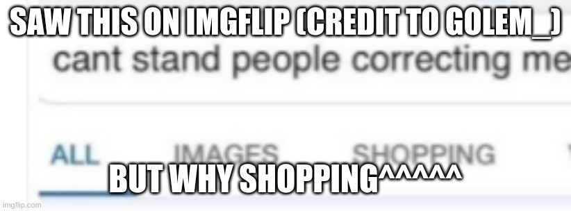 VERY CREDIT TO Golem_ | SAW THIS ON IMGFLIP (CREDIT TO GOLEM_); BUT WHY SHOPPING^^^^^ | image tagged in repost | made w/ Imgflip meme maker